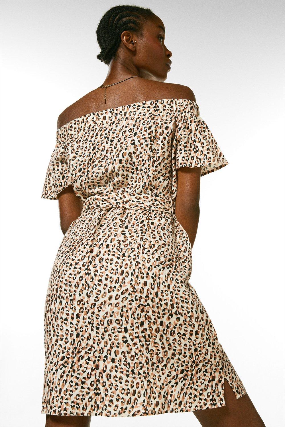Petite Print Linen Bardot Mini Dress ...
